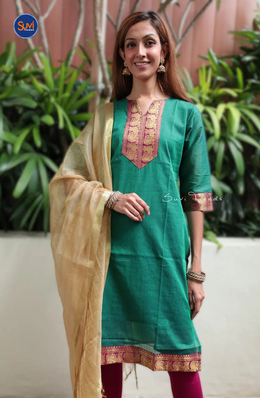 South Cotton Kurta with Zari Border - Green