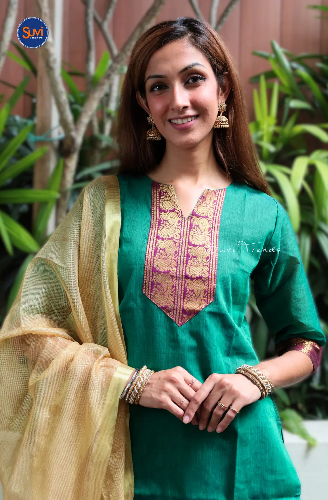 South Cotton Kurta with Zari Border - Green