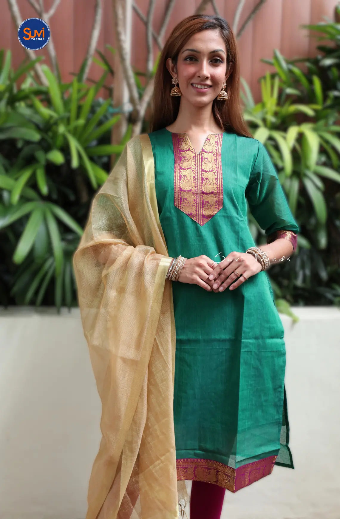 South Cotton Kurta with Zari Border - Green