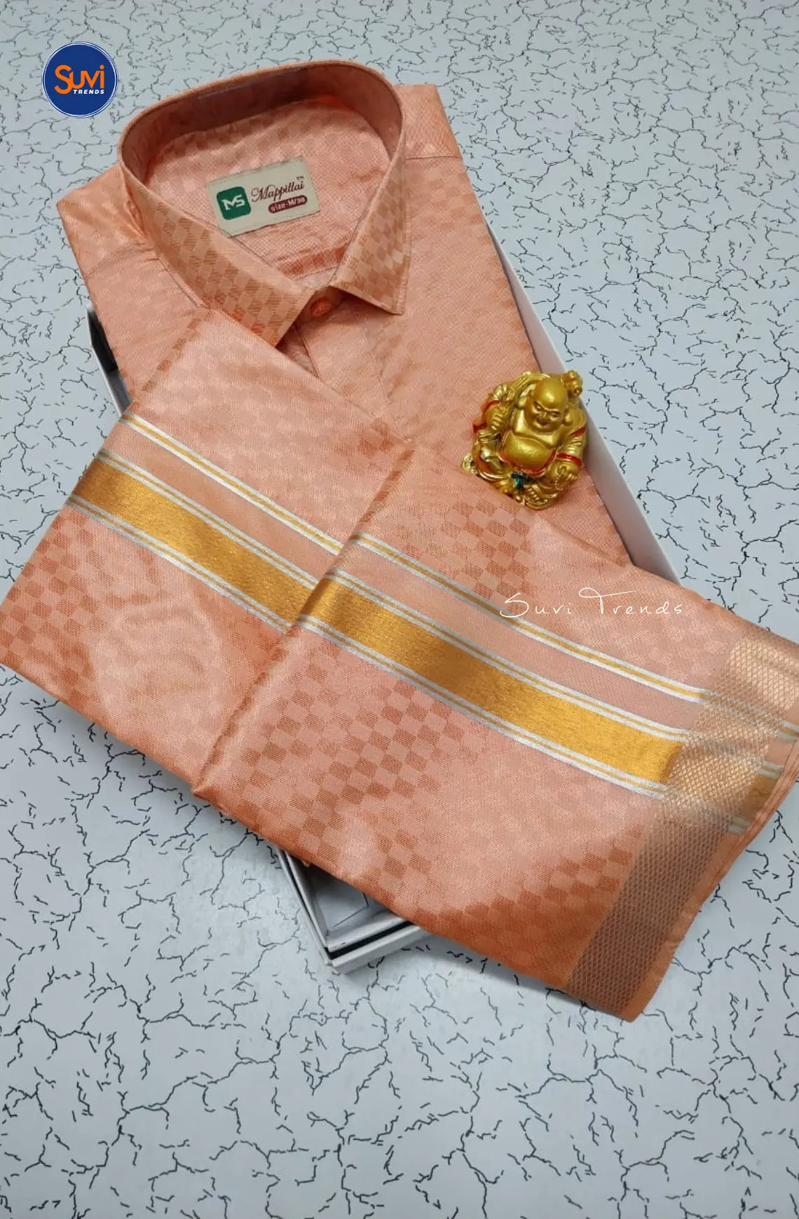 Textured Weave Japan Silk Dhoti Set - Peach