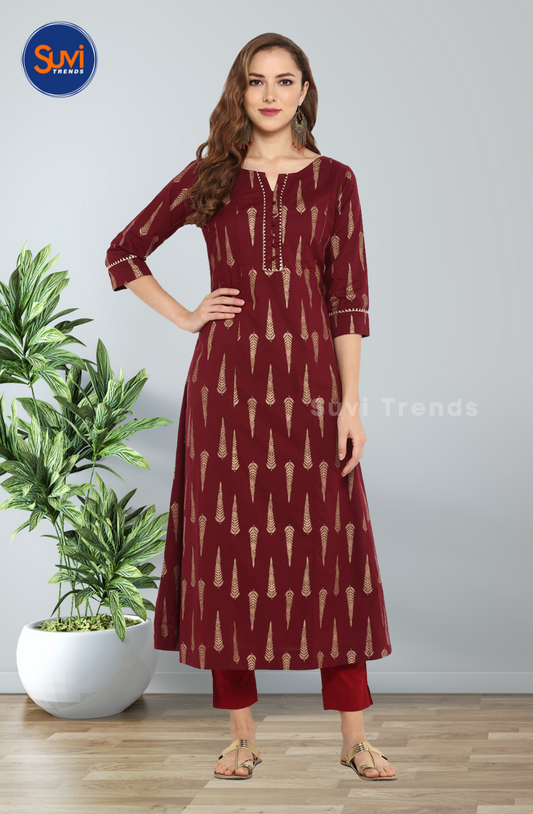 Maroon Cotton Long Kurta with Buttas