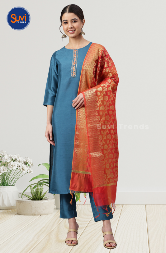 Blue Poly Silk Kurti Set with Dupatta