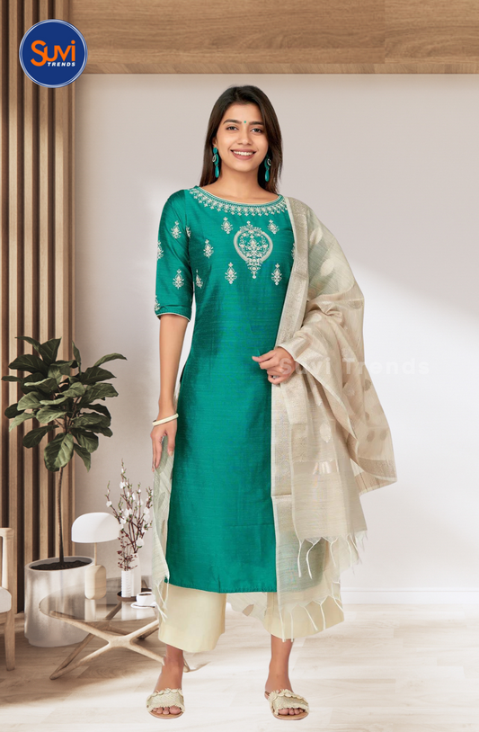 Green Floral Mirror Work Kurti Set