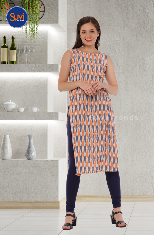 Sleeveless Cotton Ikat Kurti - Orange & Grey