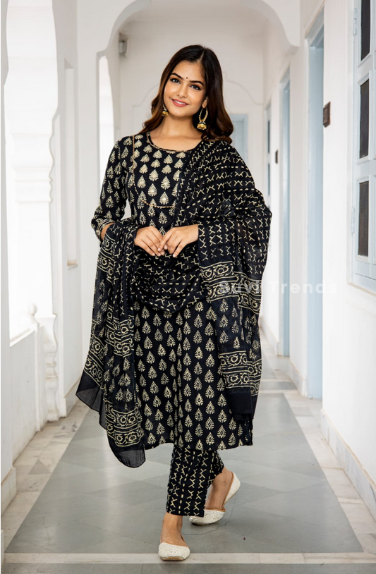 Cotton Printed Suit Set - Black