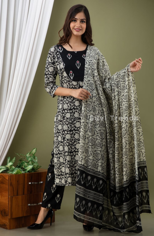 Printed Suit Set with Ikat Yoke - Black