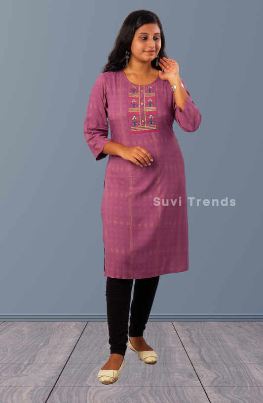 Cotton Checked Embroidered Kurta - Wine