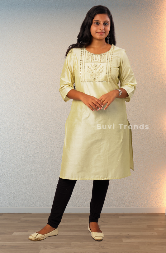 Solid Stright Cut Kurta with Sequins Work - Light Green