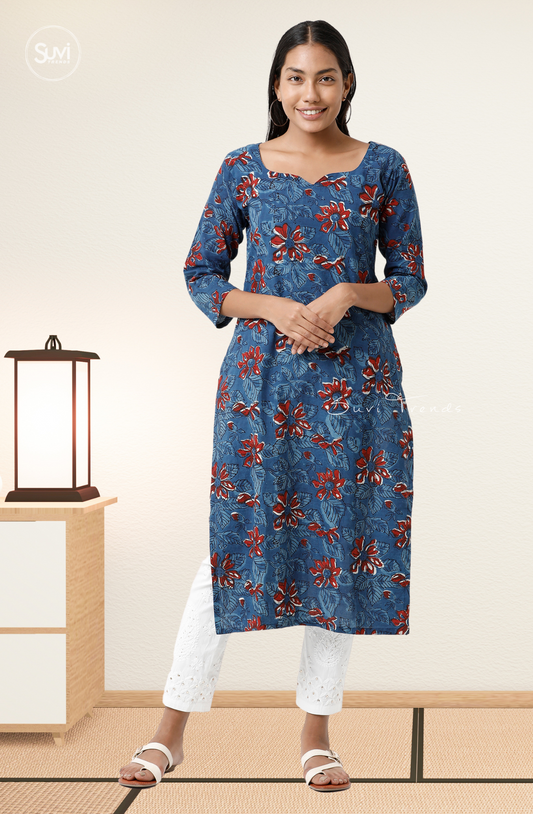 Blue Floral Print Straight Kurta