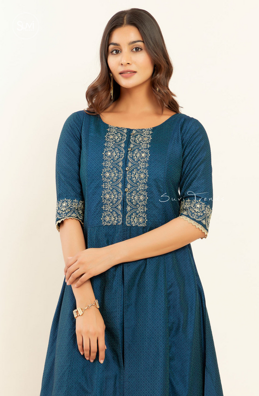 Contrast Scroll Motif Embroidered A-Line Kurta - Navy