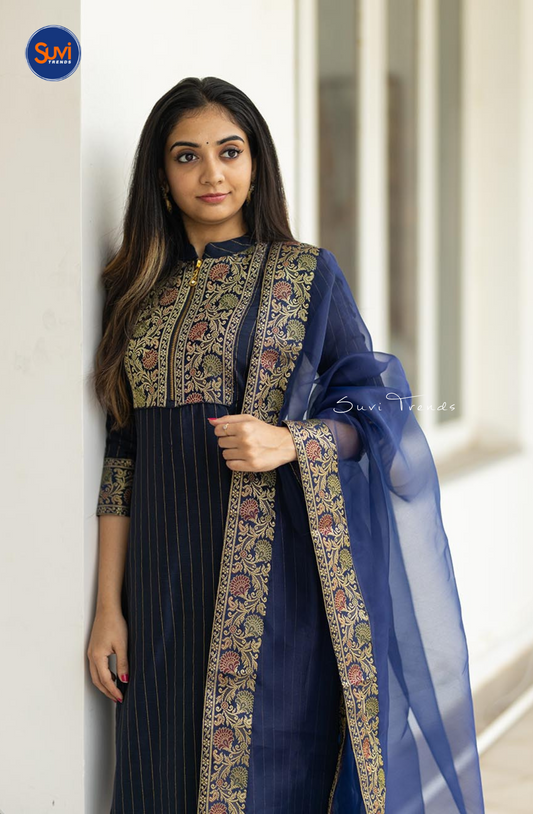 Blue Chanderi Silk Kurti with Organza Dupatta