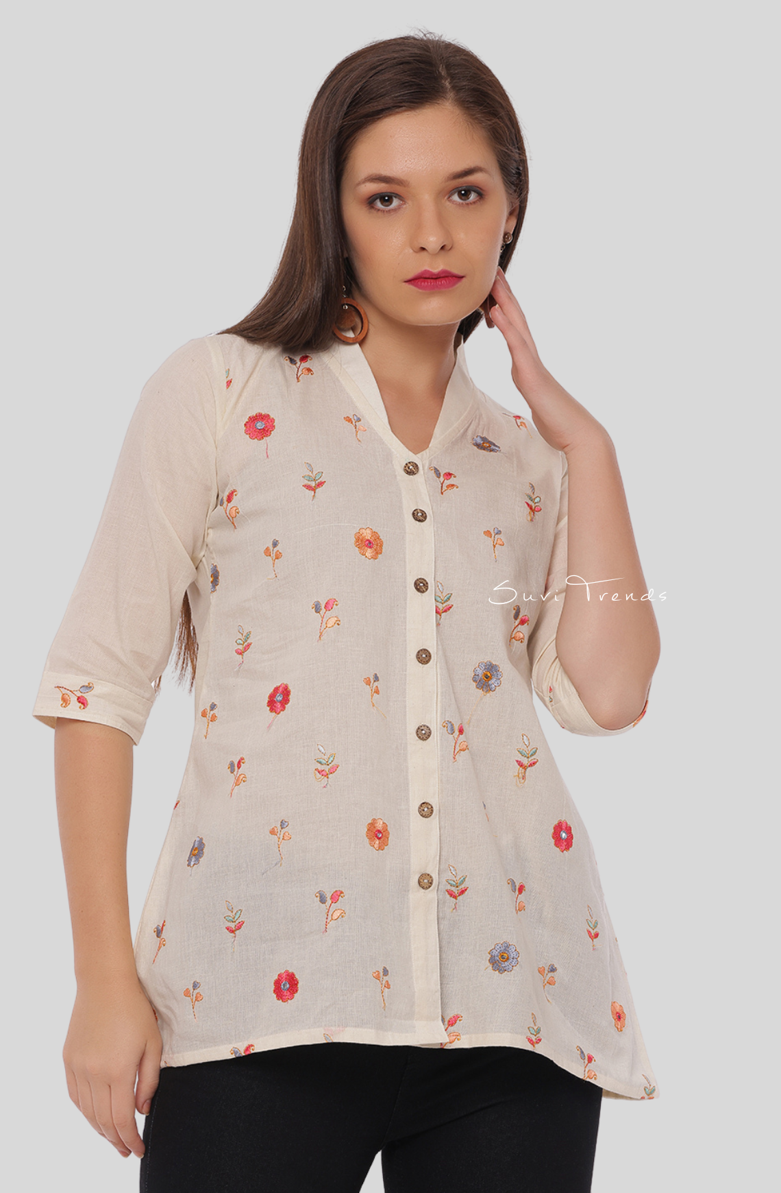 All Over Floral Embroidered A-Line Kurti - Off White