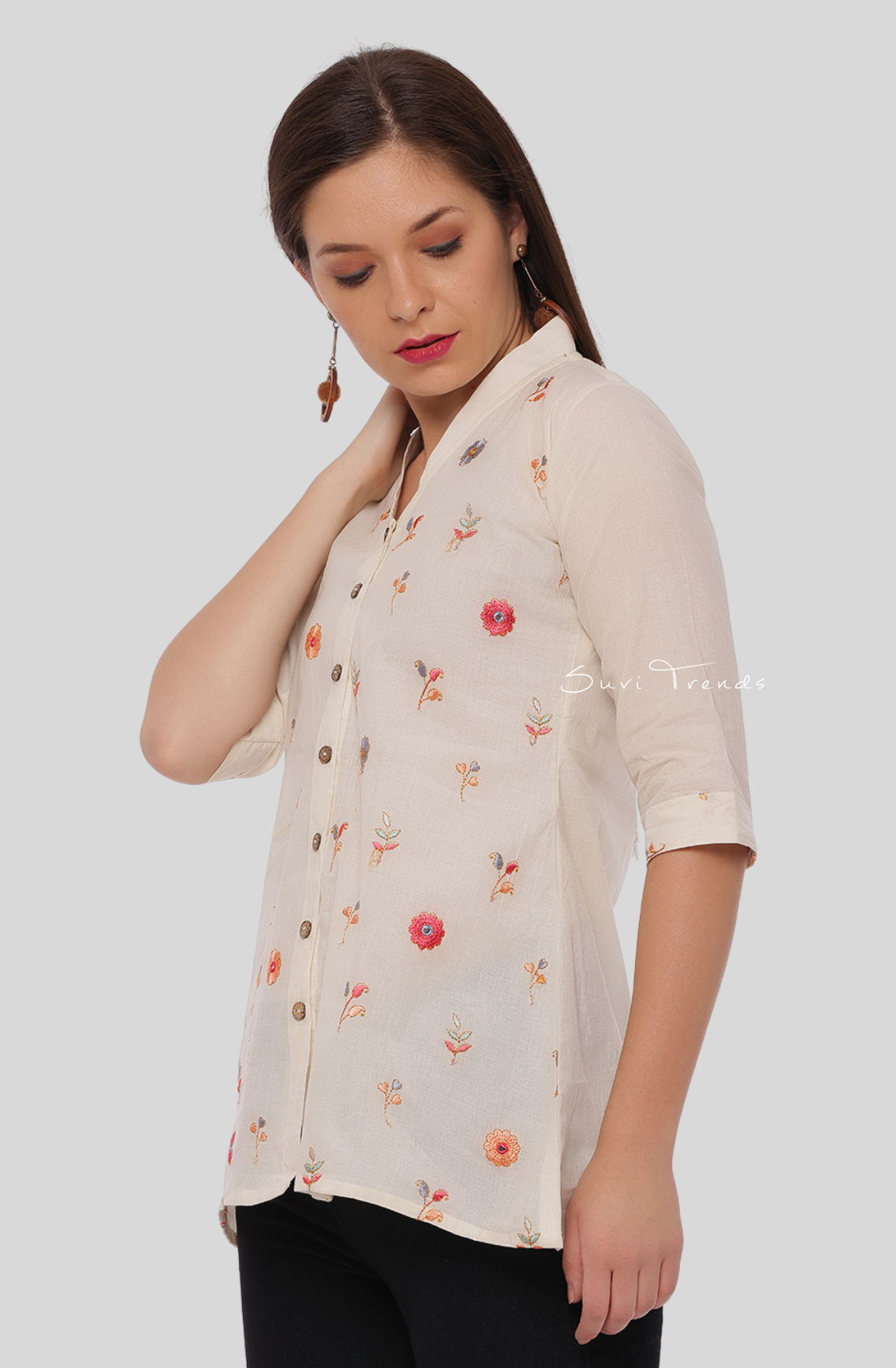All Over Floral Embroidered A-Line Kurti - Off White