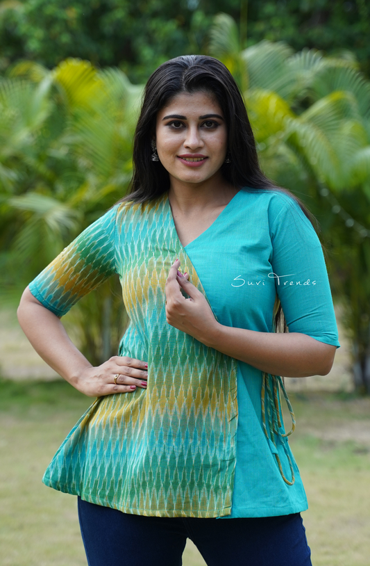 Angrakha Style Ikat Short Kurti - Aqua