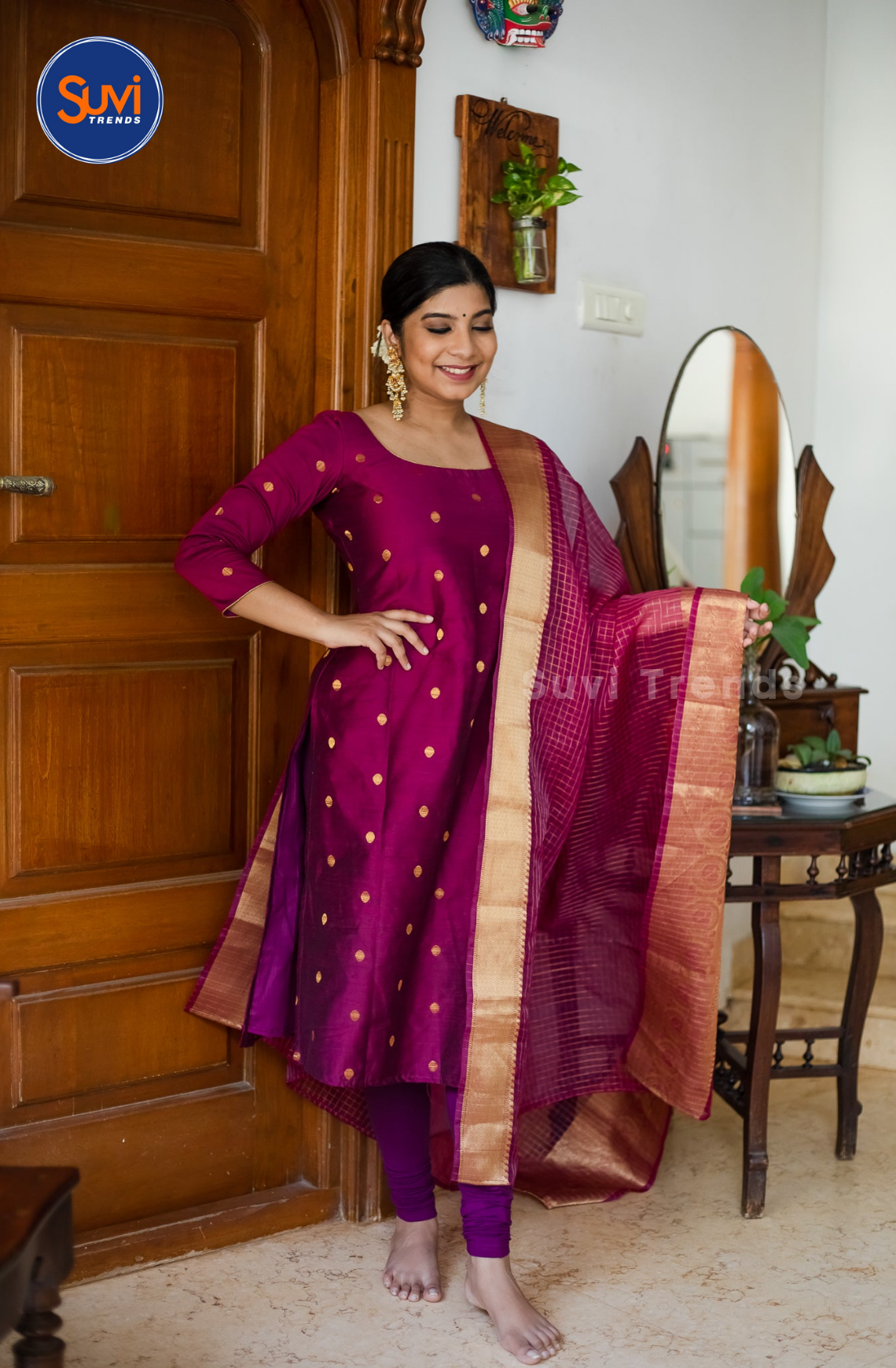 Chanderi Slub Silk Kurti with Organza Dupatta - Magenta