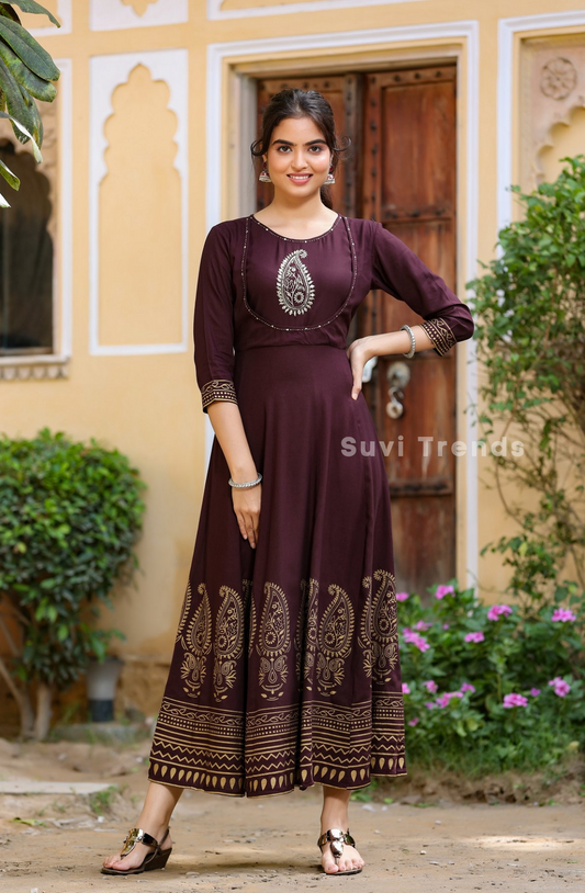 Paisley Motif Printed Anarkali - Wine