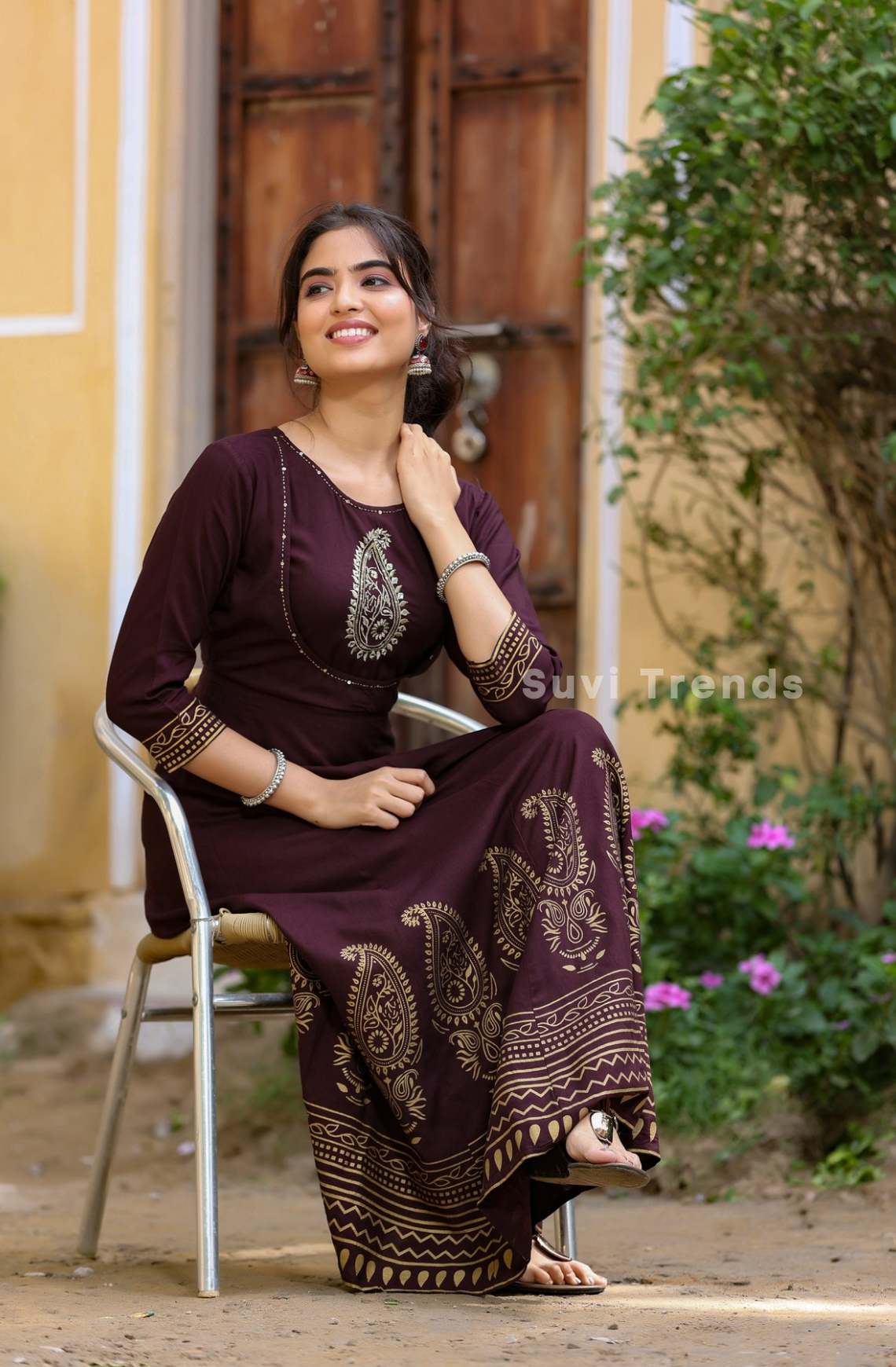 Paisley Motif Printed Anarkali - Wine