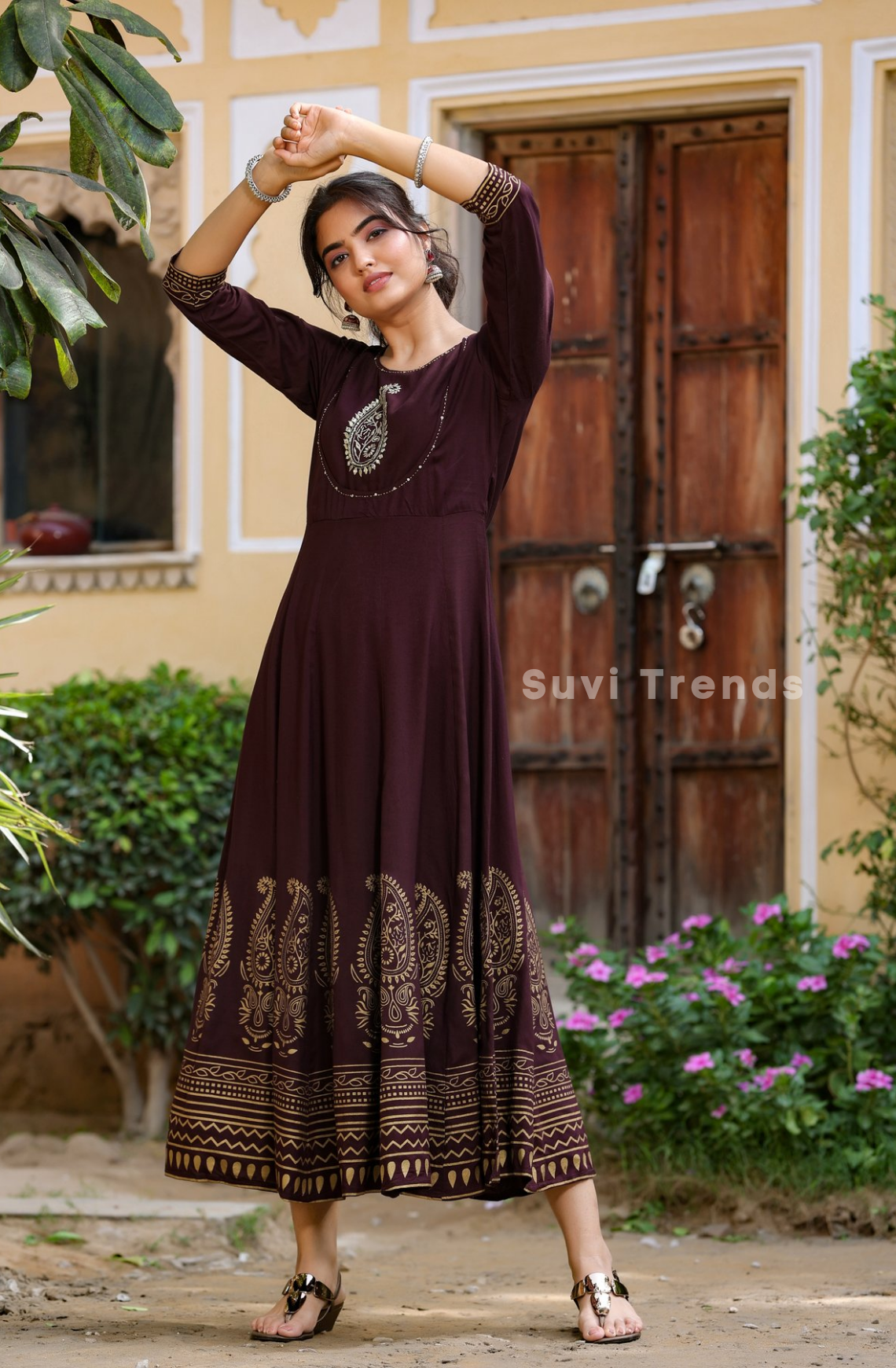 Paisley Motif Printed Anarkali - Wine