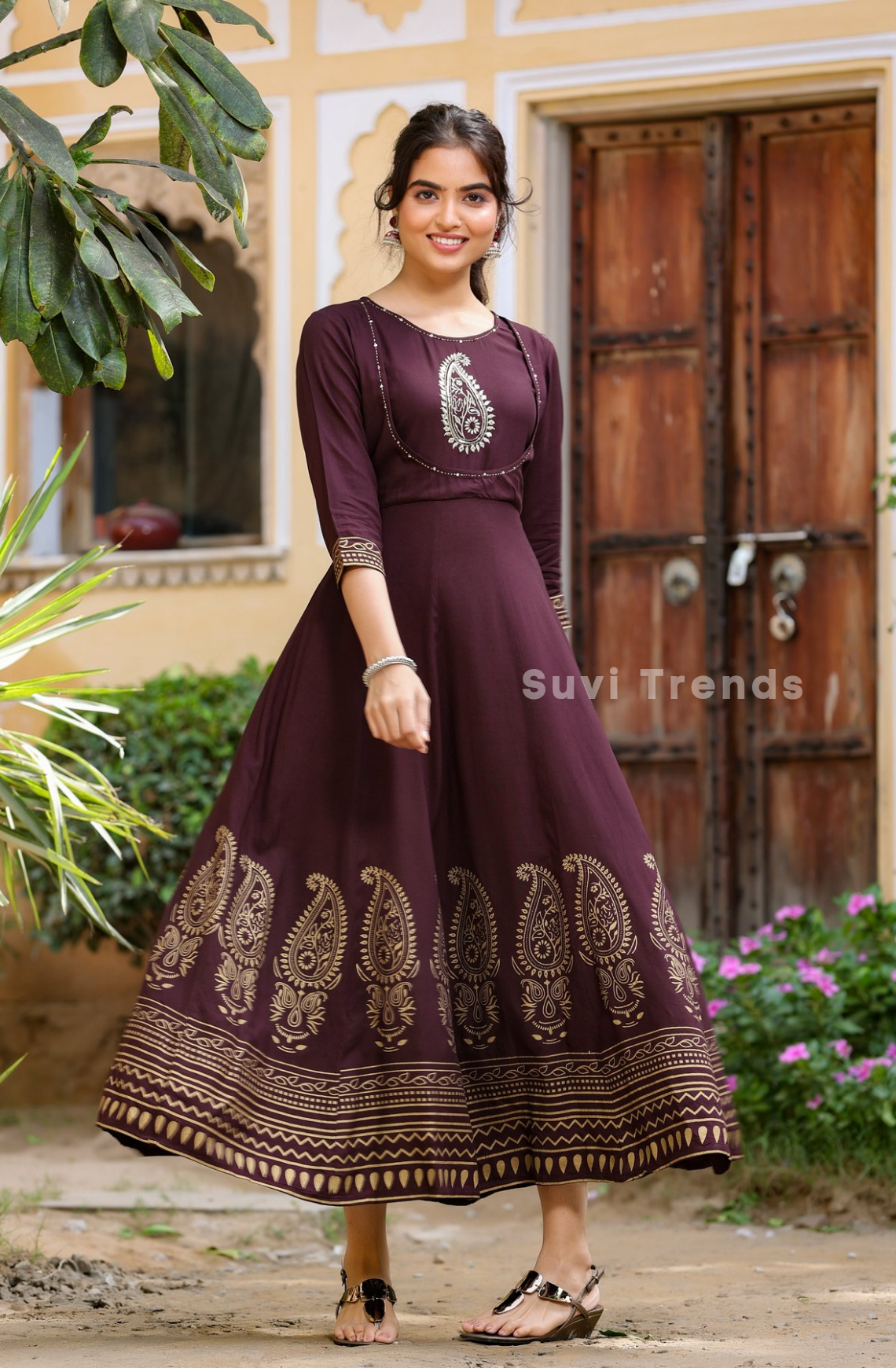 Paisley Motif Printed Anarkali - Wine