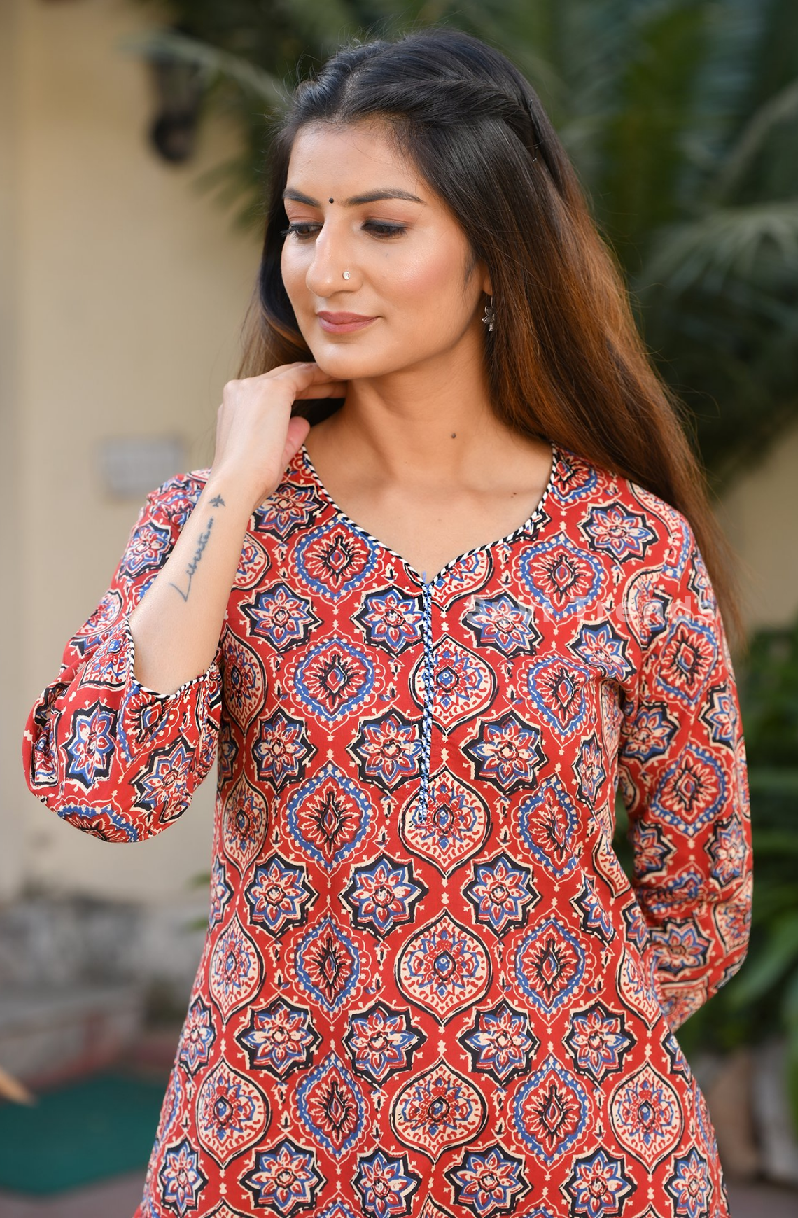 Maroon Print Straight Kurta