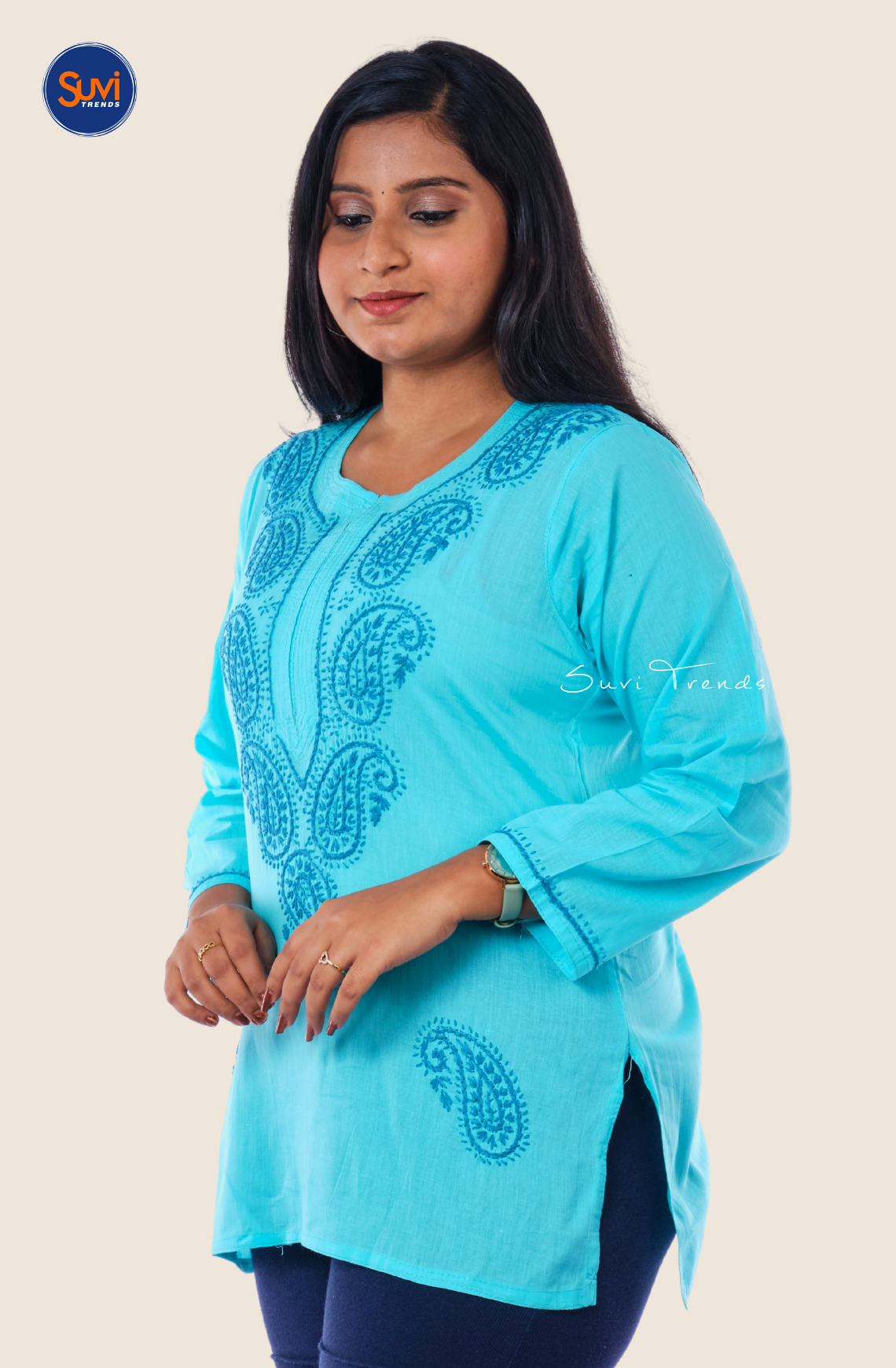 Lucknowi Hand Embroidered Chikankari Top - Aqua