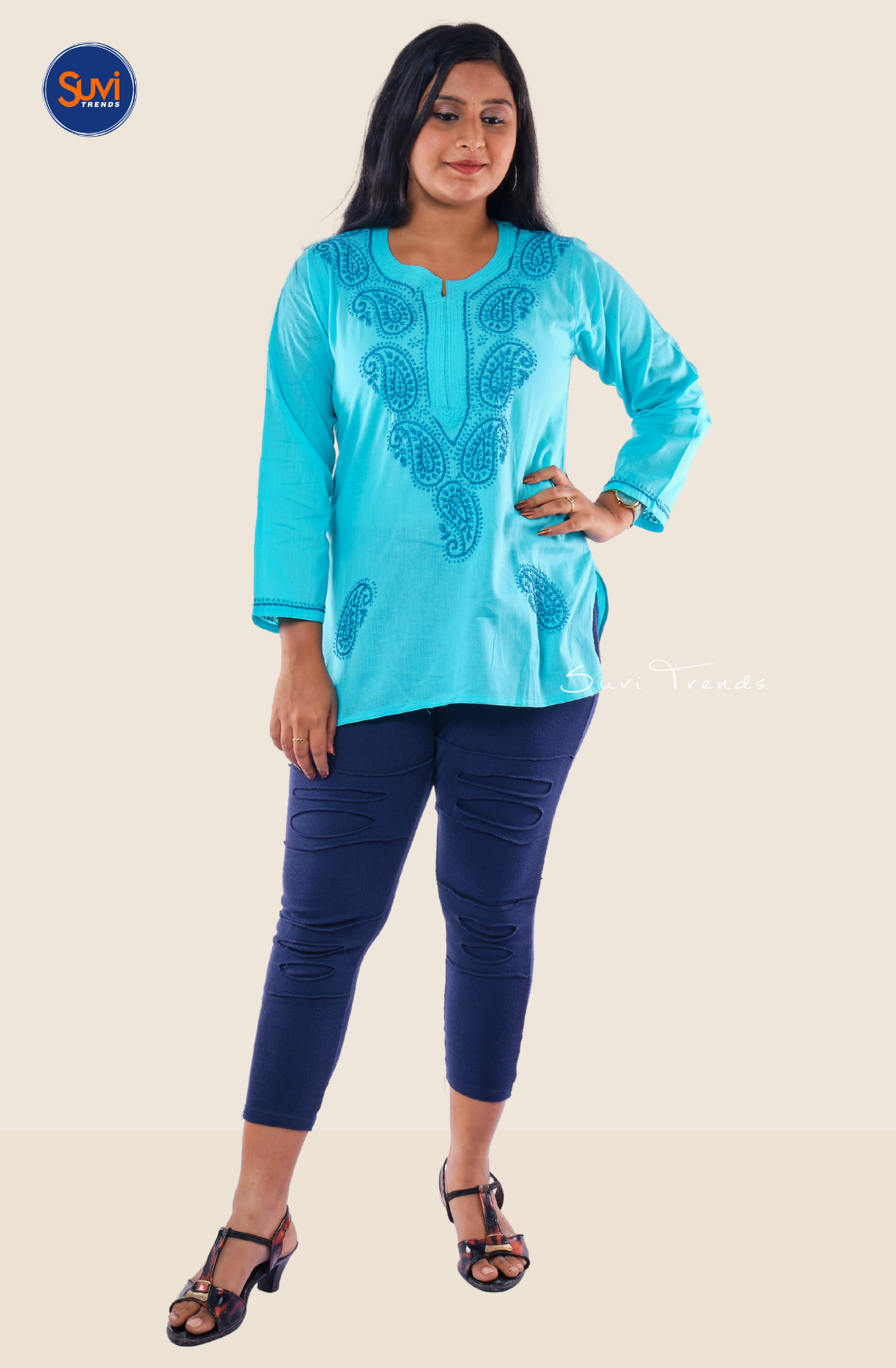 Lucknowi Hand Embroidered Chikankari Top - Aqua