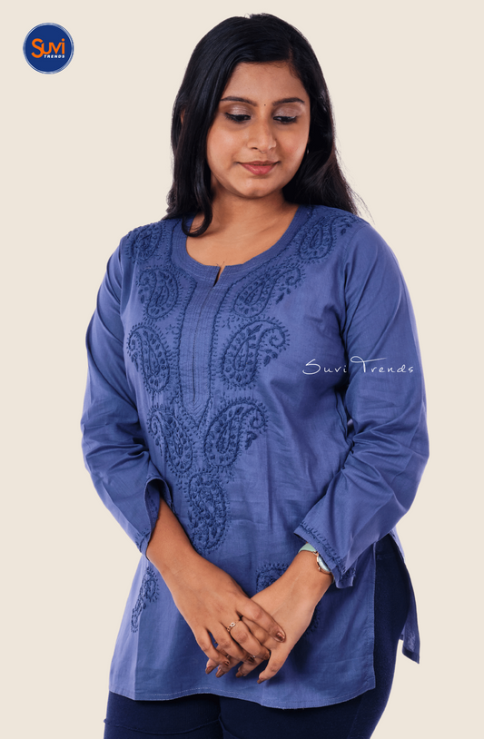 Lucknowi Hand Embroidered Chikankari Top - Ink Blue