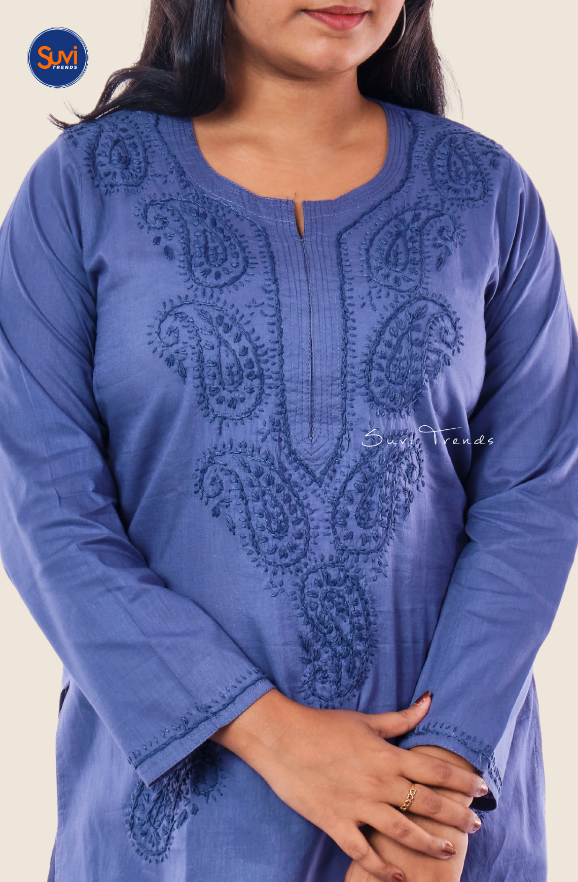 Lucknowi Hand Embroidered Chikankari Top - Ink Blue