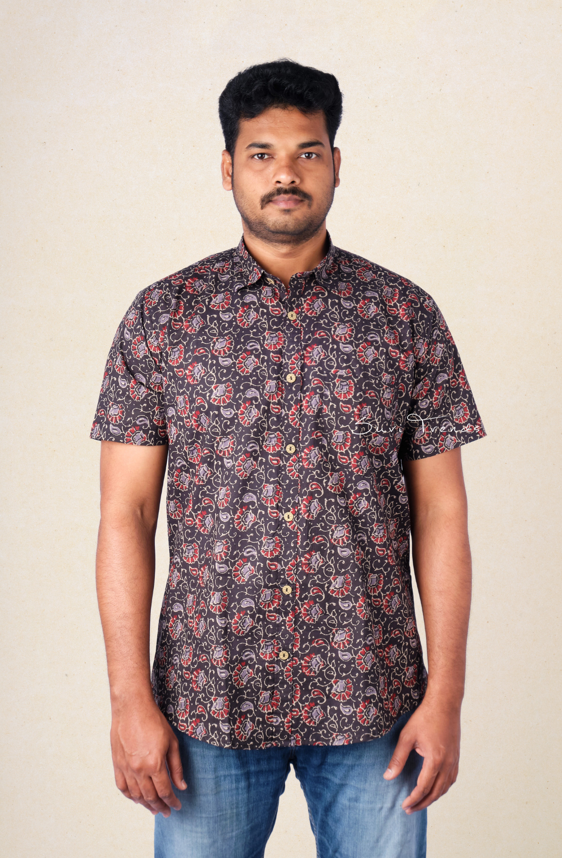 Men's Floral Printed Cotton Shirt - Black & Red