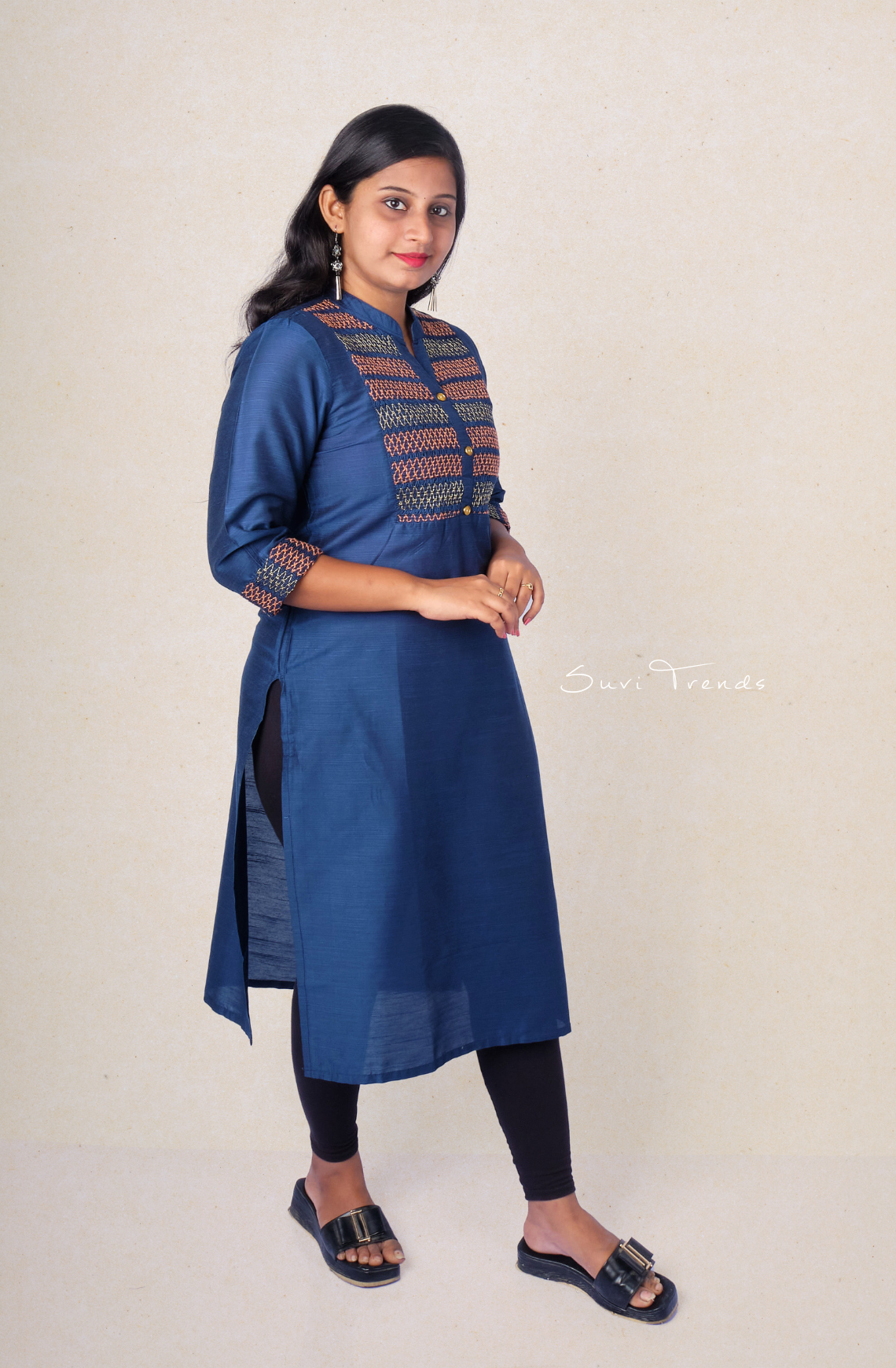 Solid Embroidery Cotton Silk Straight Kurta - Blue