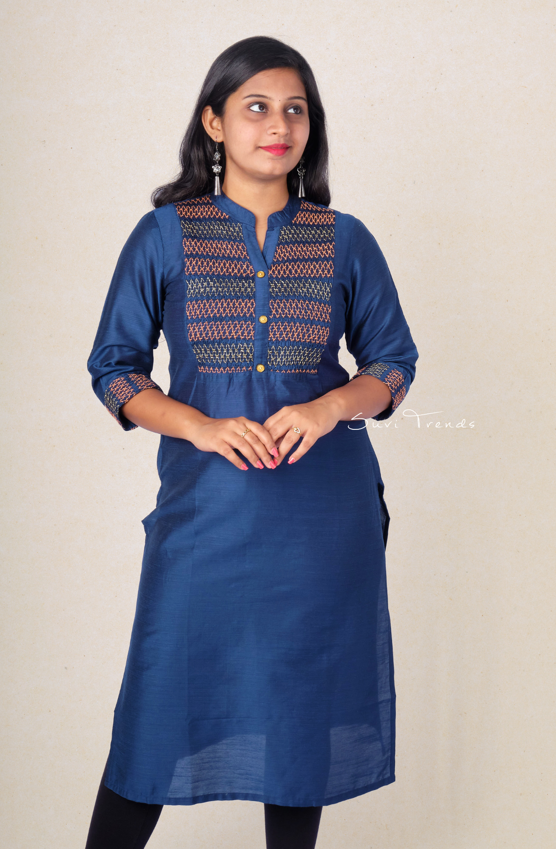 Solid Embroidery Cotton Silk Straight Kurta - Blue