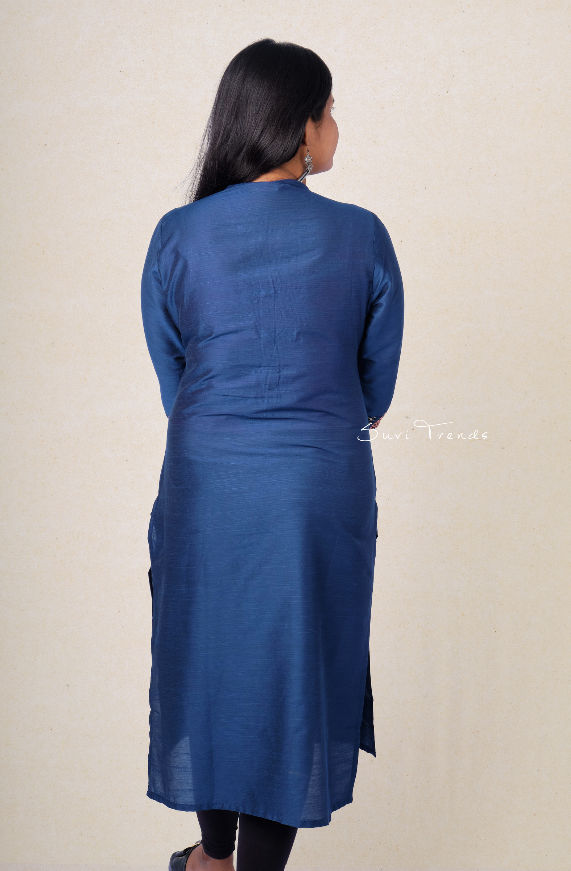 Solid Embroidery Cotton Silk Straight Kurta - Blue