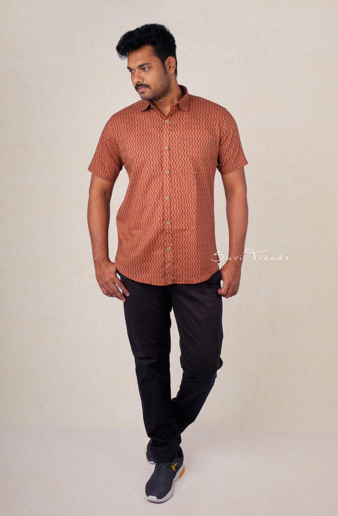 Men's Chevron Printed Cotton Shirt - Brown & Red