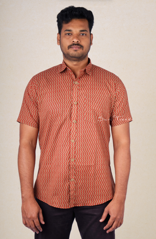 Men's Chevron Printed Cotton Shirt - Brown & Red