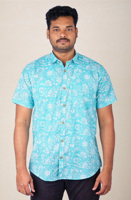 Men's Floral Printed Cotton Shirt - Aqua