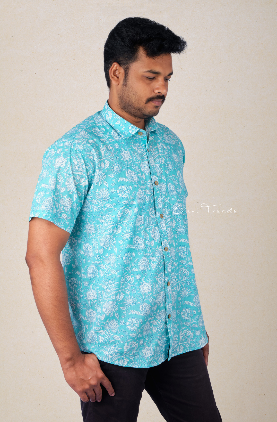 Men's Floral Printed Cotton Shirt - Aqua