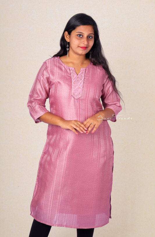 Solid Pintuck Kurta with Embellishment - Young Pink