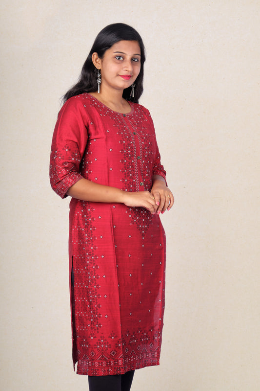 Tribal Motif Printed Straight Kurta - Red