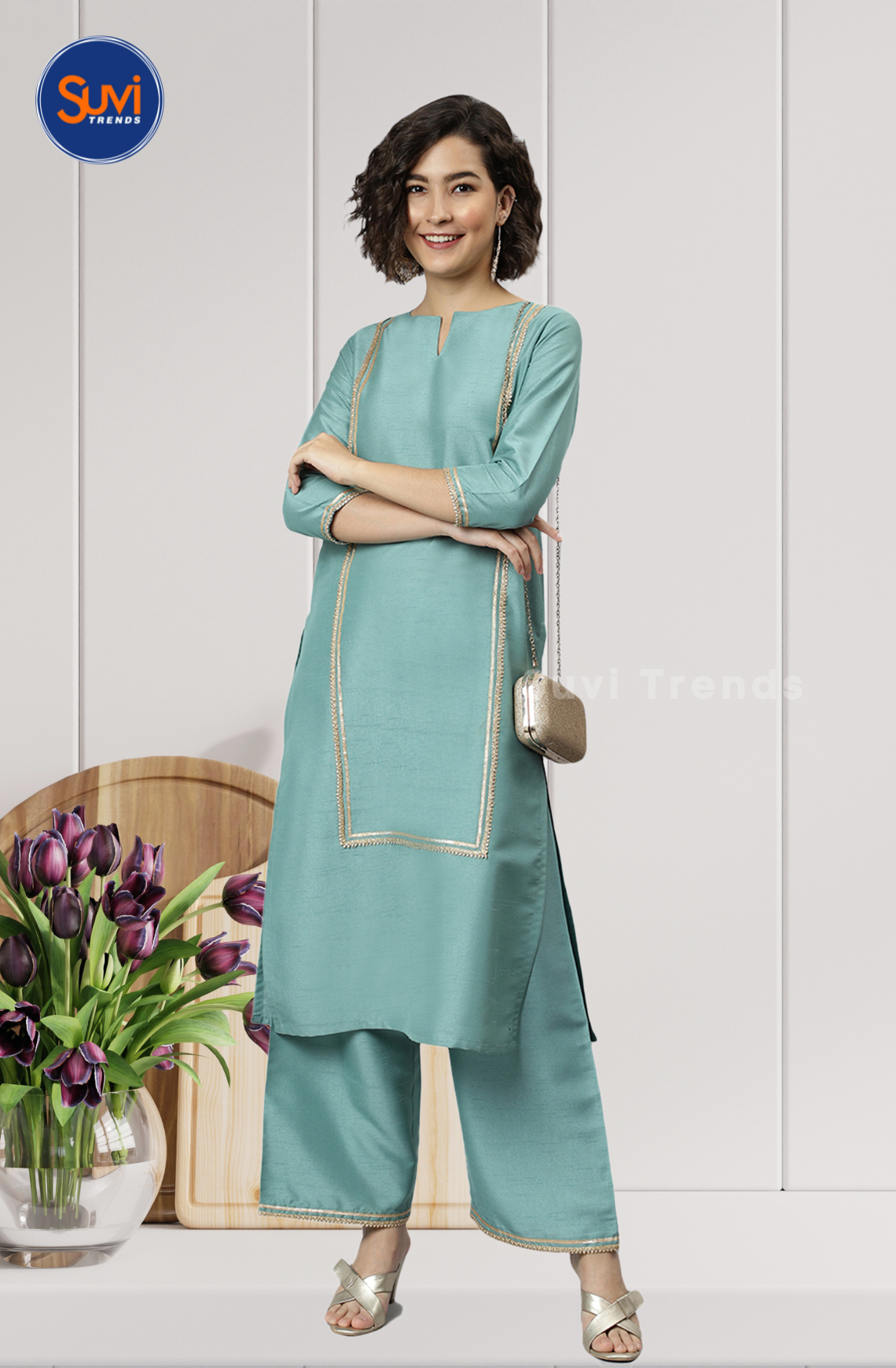 Green Poly Silk Kurti with Palazzo