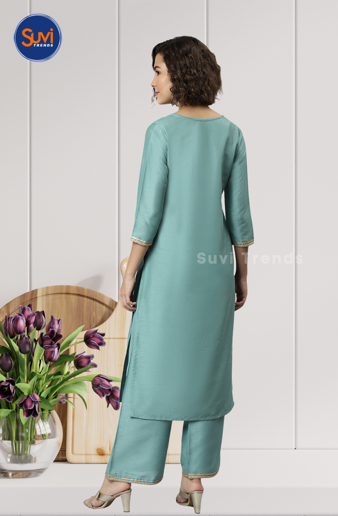 Green Poly Silk Kurti with Palazzo