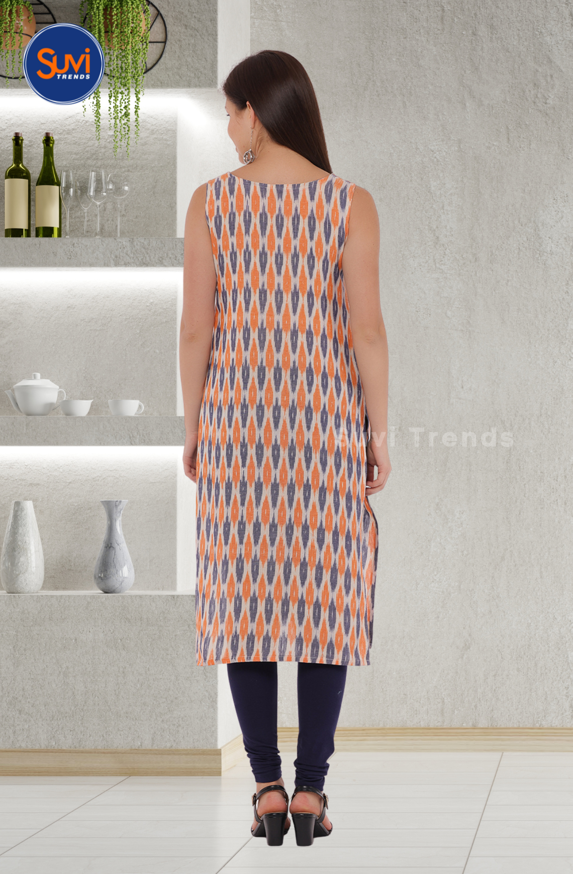 Grey & Orange Kurta with Pocket and Sleeve