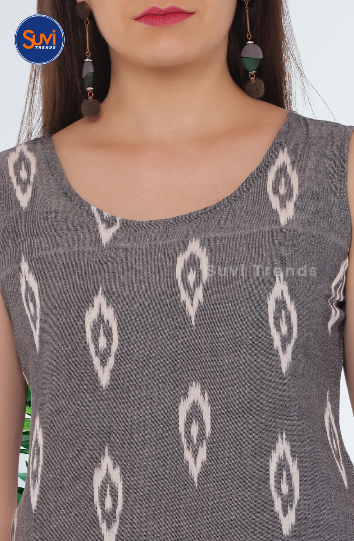 Grey & White Ikat Kurta with Sleeve attached