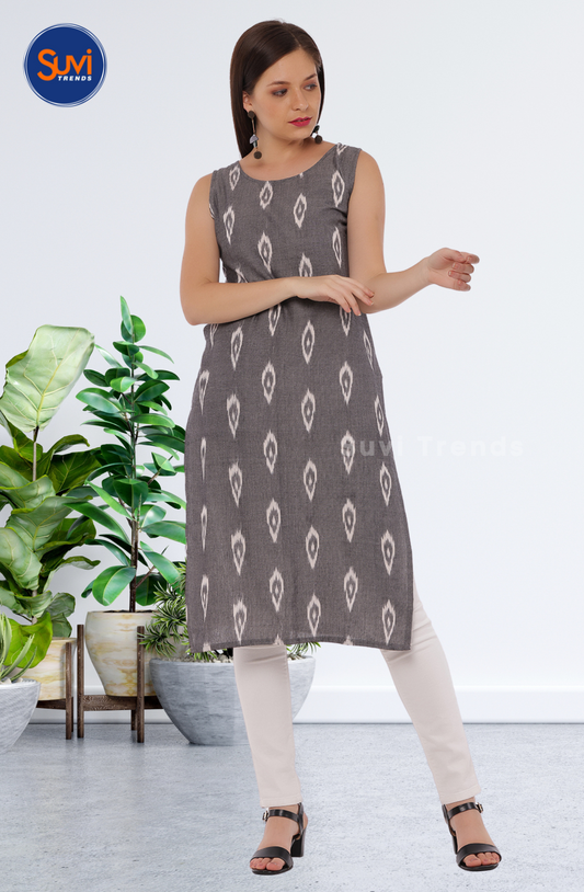 Grey & White Ikat Kurta with Sleeve attached
