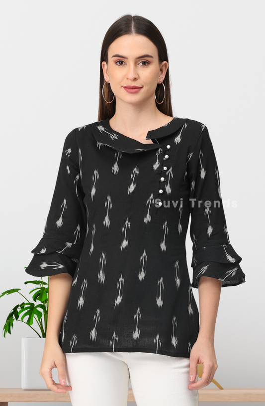 Black Ikat Top with Pearl Embellished