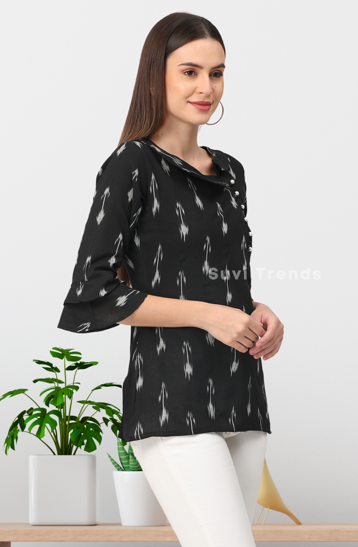 Black Ikat Top with Pearl Embellished
