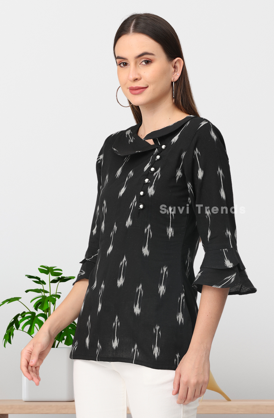 Black Ikat Top with Pearl Embellished