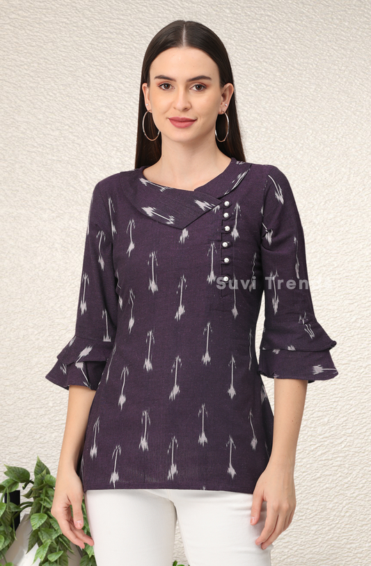 Dark Violet Ikat Top with Pearl Embellished