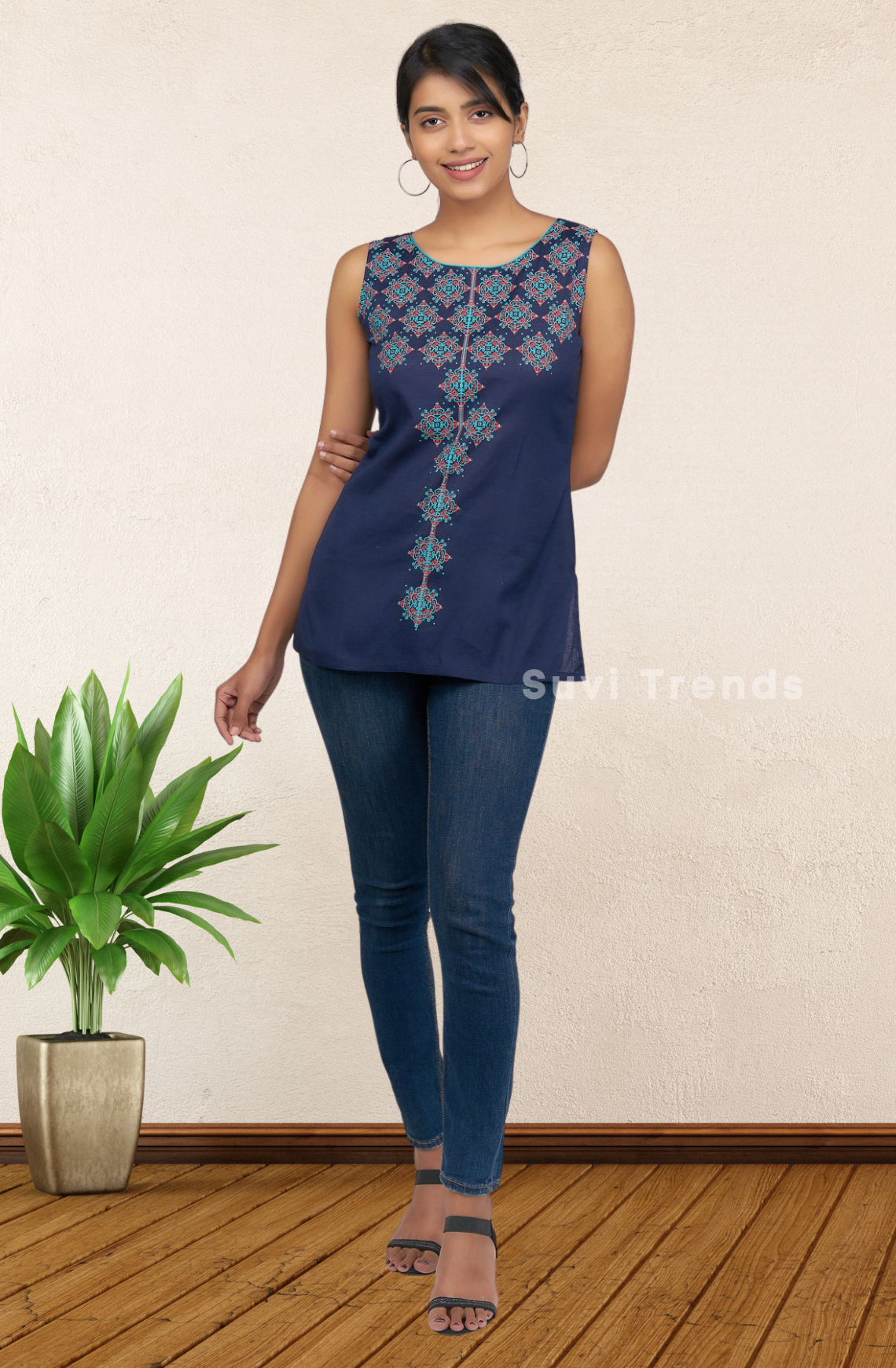 Navy Blue Ethnic Printed Top