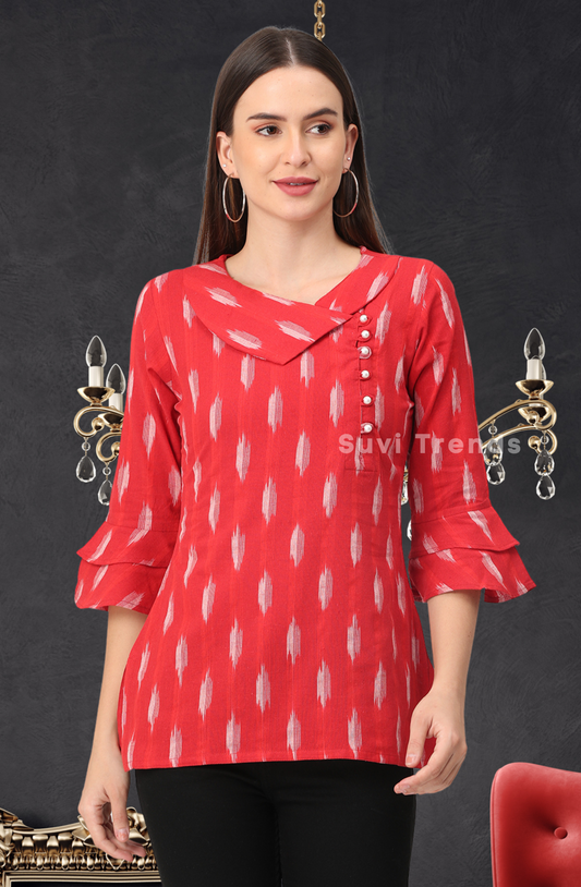 Red Ikat Top with Pearl Embellished