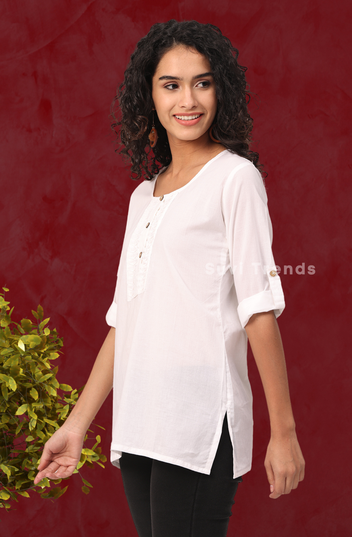 White Pintuck Top with Roll-Up Sleeve
